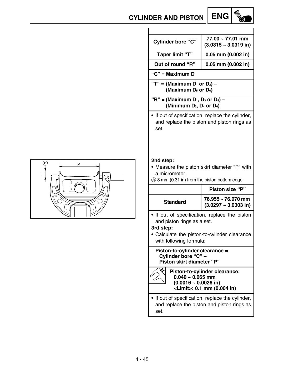 Yamaha WR250FM Cylinder bore C 77.00 ~ 77.01 mm 0315 ~ 3.0319, 05 mm 0.002, 2nd step, Piston size P, Standard, 3rd step 