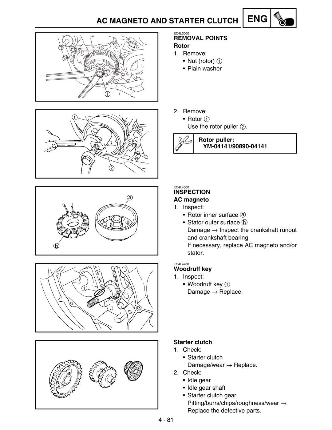 Yamaha WR250FM service manual Rotor puller YM-04141/90890-04141, AC magneto, Woodruff key, Starter clutch 