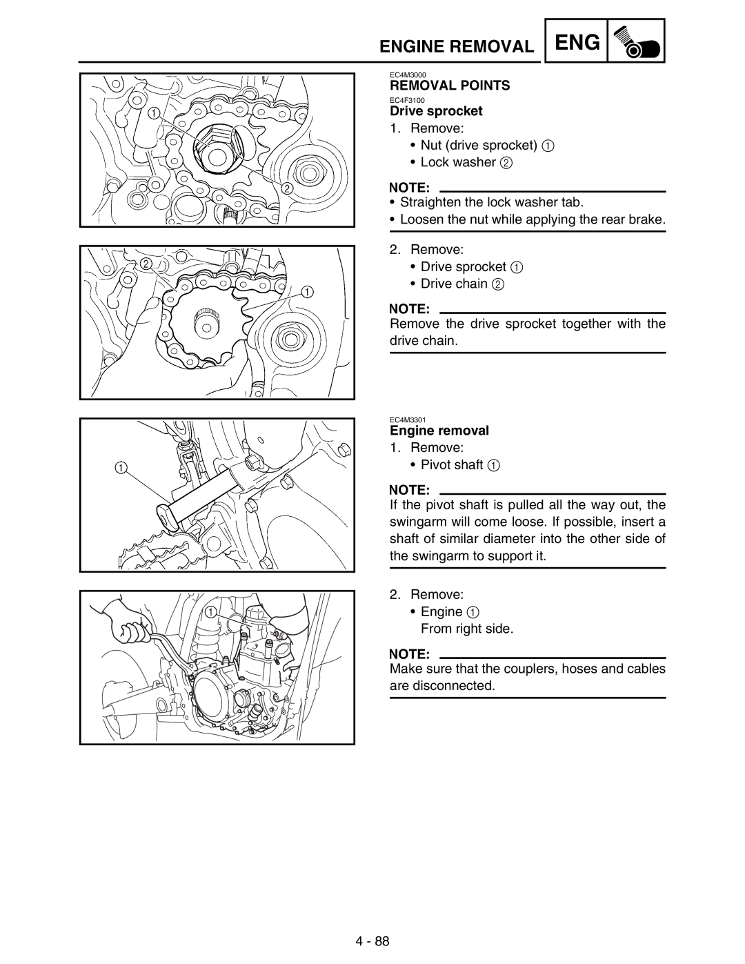 Yamaha WR250FM service manual Drive sprocket, Engine removal 