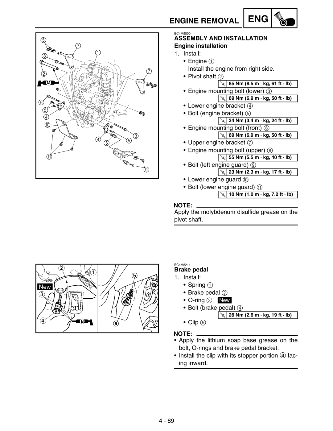 Yamaha WR250FM service manual Assembly and Installation Engine installation, Brake pedal 