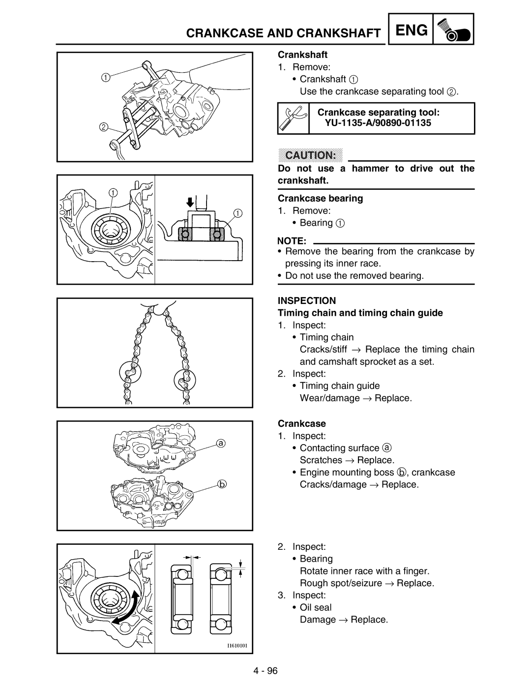 Yamaha WR250FM Crankshaft, Crankcase separating tool YU-1135-A/90890-01135, Timing chain and timing chain guide 