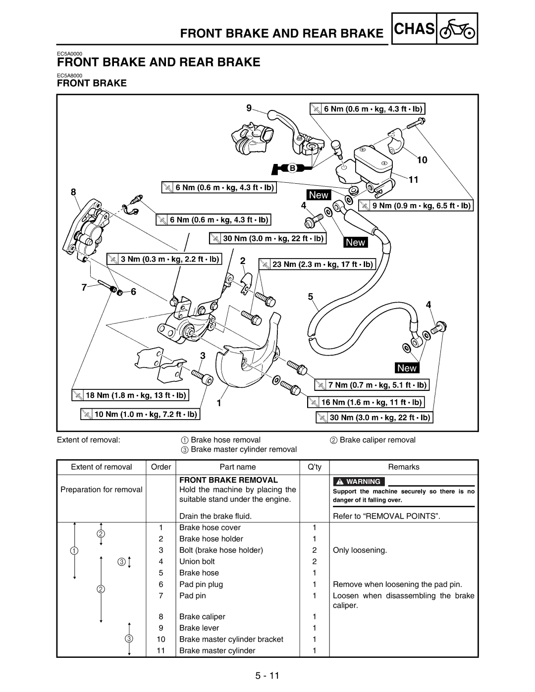 Yamaha WR250FM service manual Front Brake and Rear Brake Chas, Front Brake Removal 