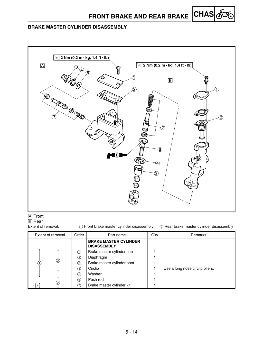 Yamaha WR250FM service manual Brake Master Cylinder Disassembly 