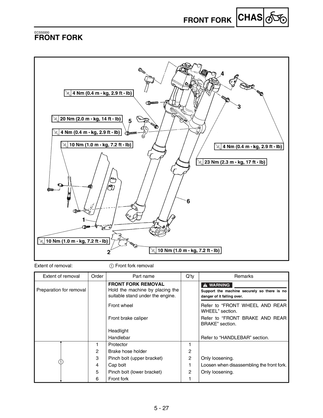 Yamaha WR250FM service manual Front Fork Chas, Front Fork Removal 