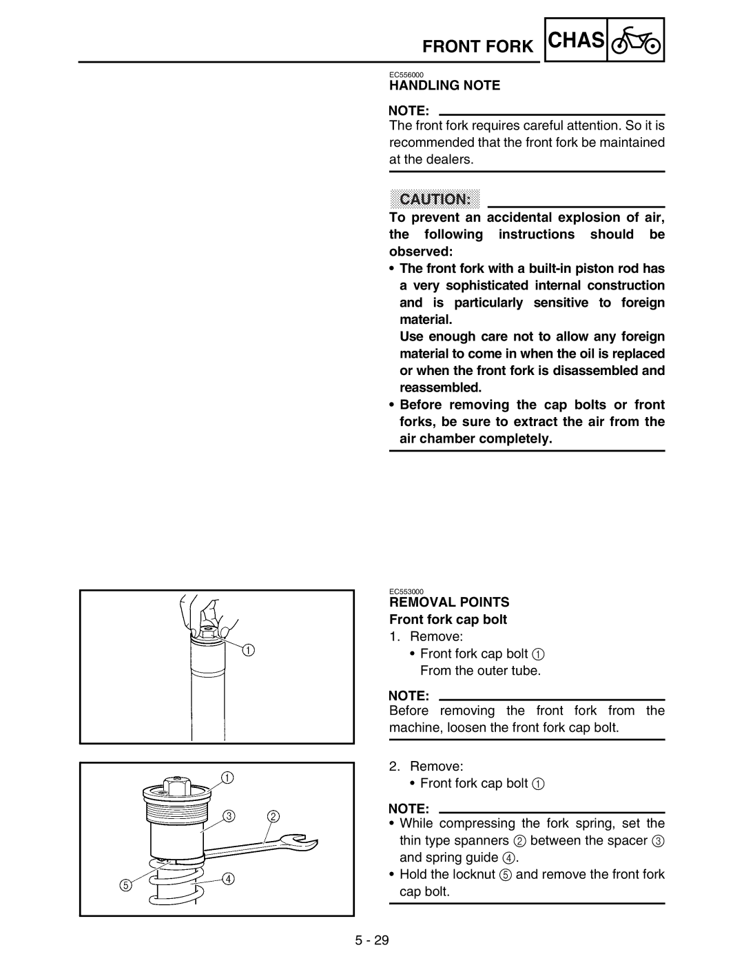 Yamaha WR250FM service manual Handling Note, Front fork cap bolt 