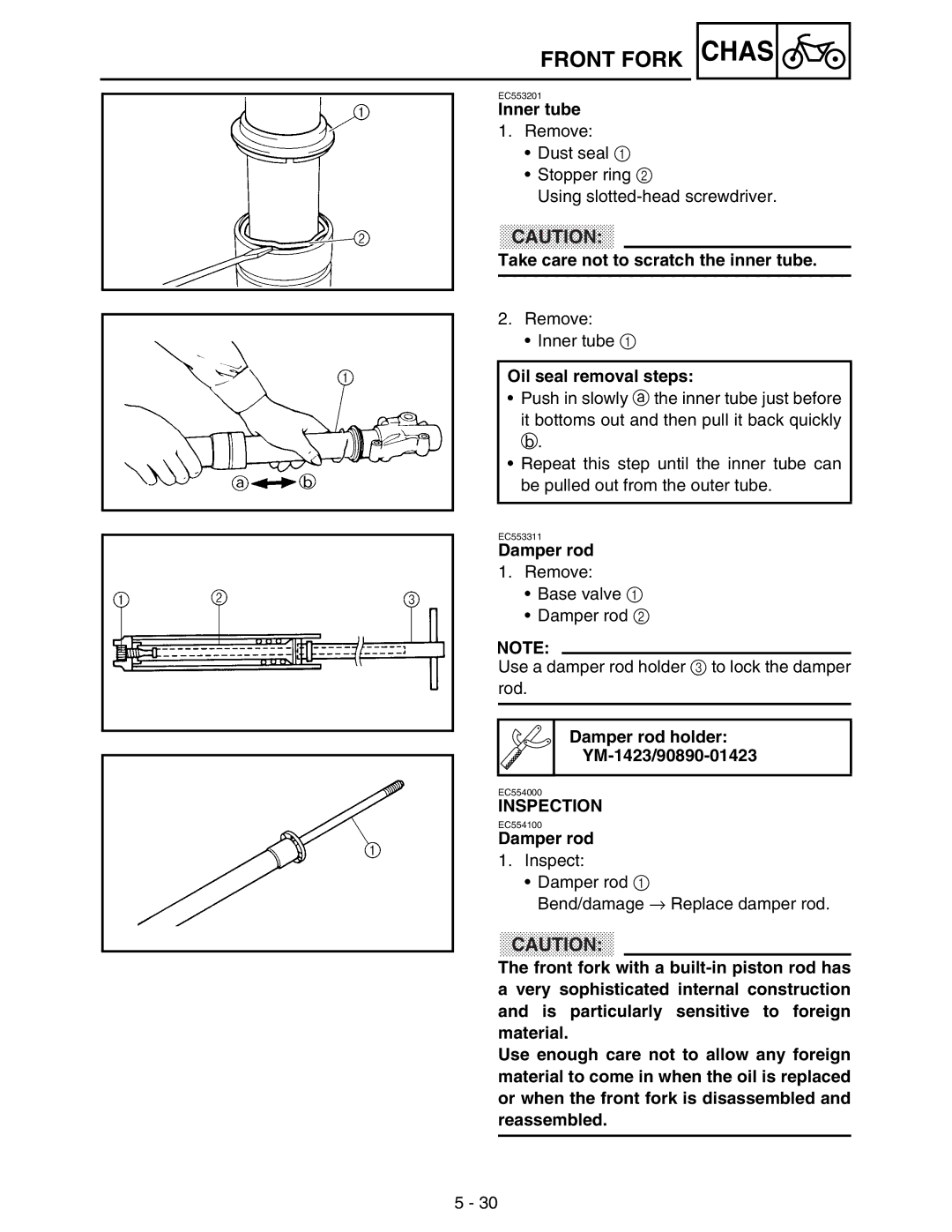 Yamaha WR250FM service manual Inner tube, Take care not to scratch the inner tube, Oil seal removal steps, Damper rod 