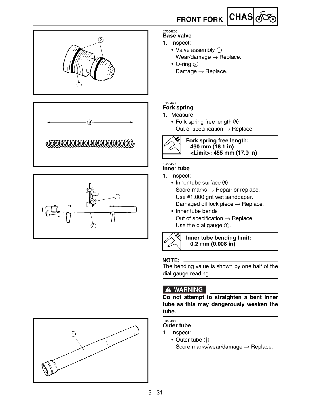 Yamaha WR250FM service manual Base valve, Fork spring free length 460 mm 18.1 in Limit 455 mm 17.9, Outer tube 