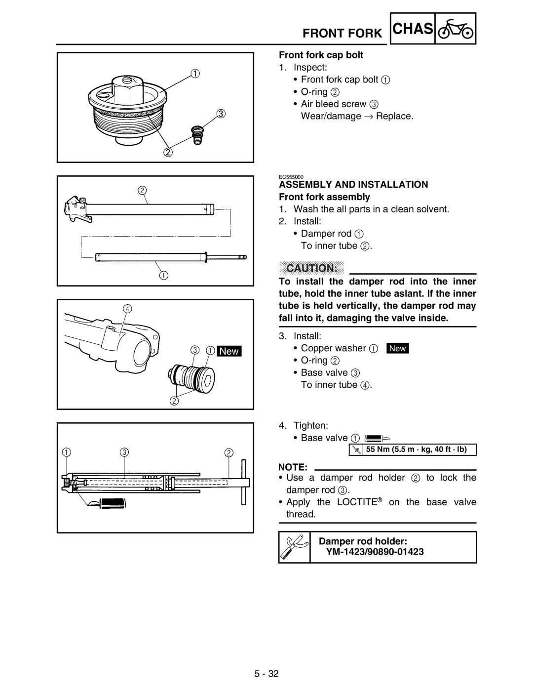 Yamaha WR250FM service manual Front fork cap bolt, Assembly and Installation Front fork assembly 