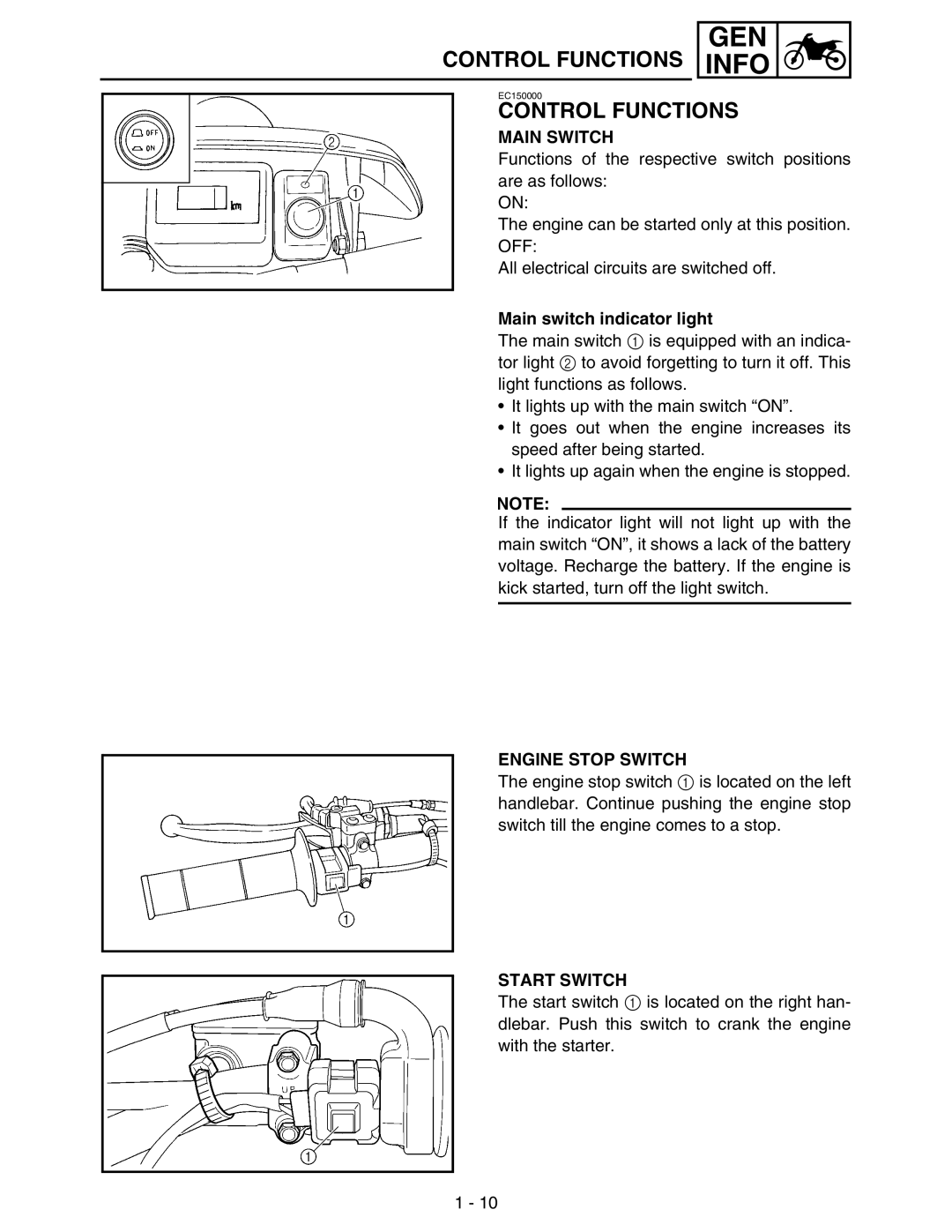 Yamaha WR250FM service manual Control Functions, Main Switch, Main switch indicator light, Engine Stop Switch, Start Switch 