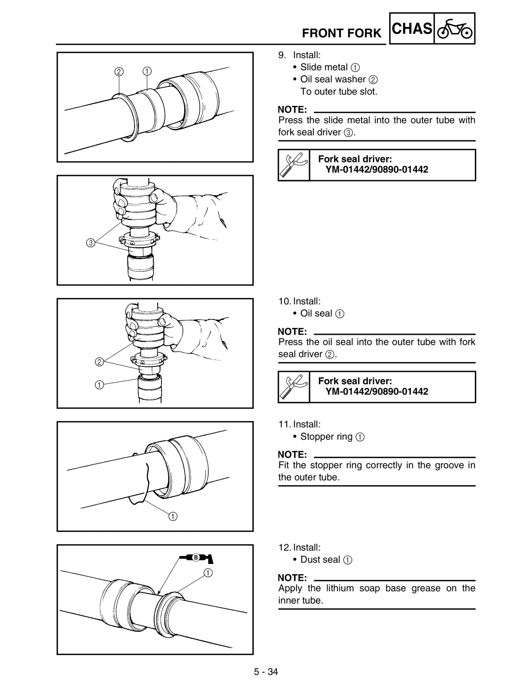 Yamaha WR250FM service manual Fork seal driver YM-01442/90890-01442 