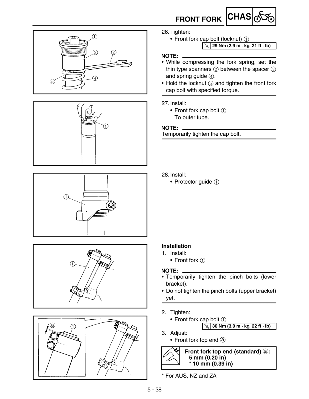 Yamaha WR250FM service manual Installation, Front fork top end standard a 5 mm 0.20 10 mm 0.39 