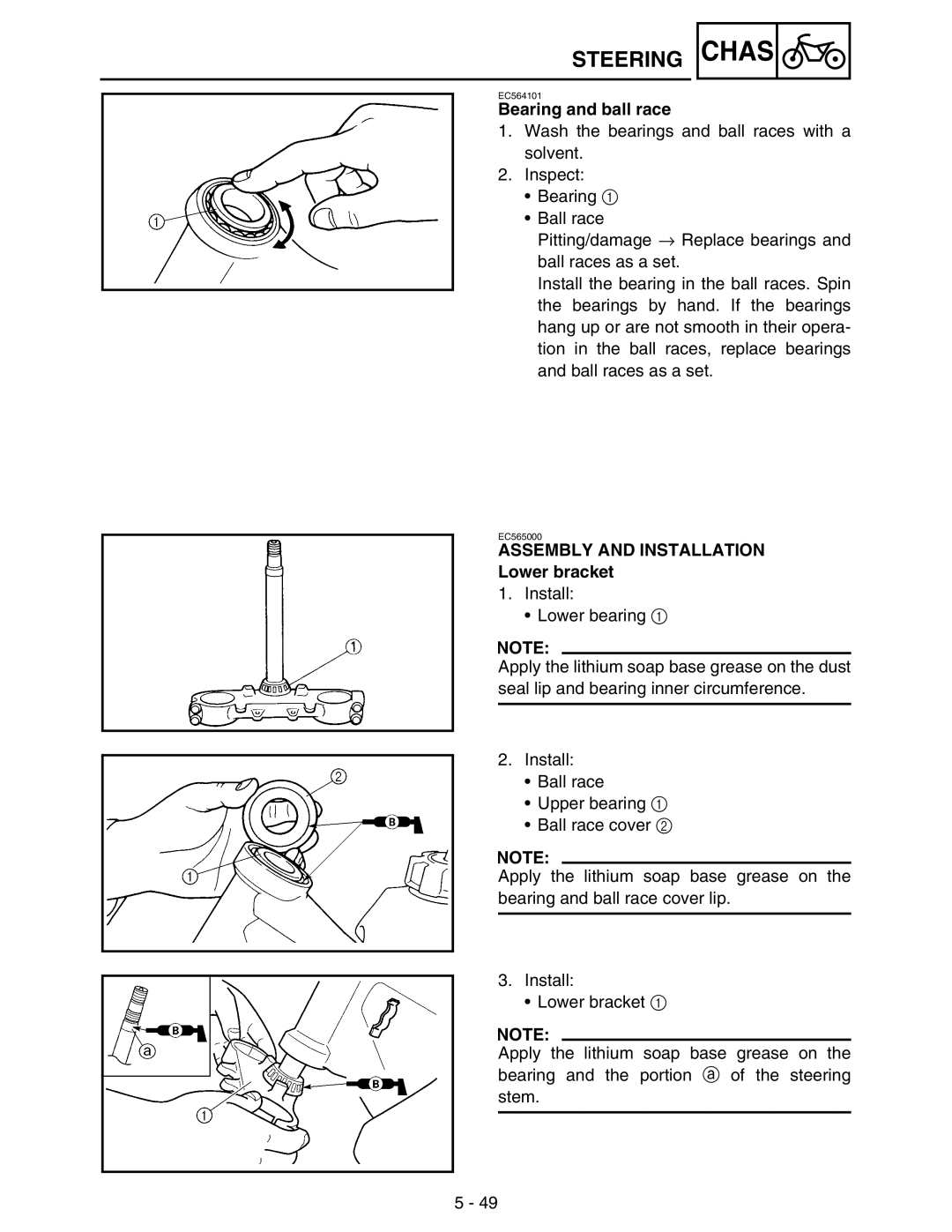 Yamaha WR250FM service manual Bearing and ball race, Lower bracket 