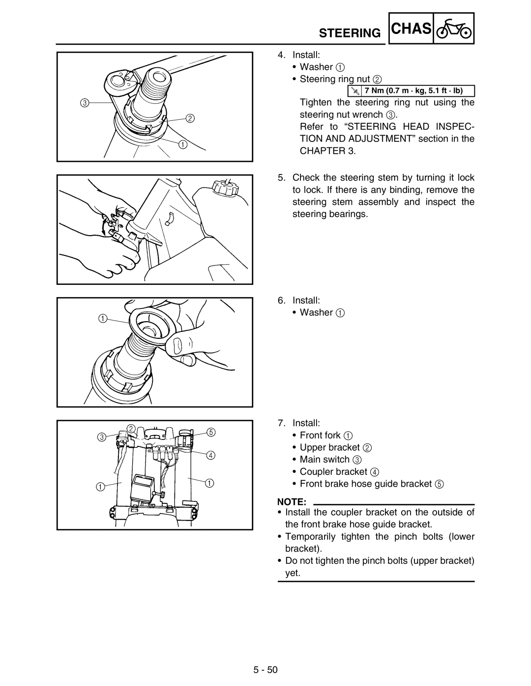 Yamaha WR250FM service manual Install Washer Steering ring nut 