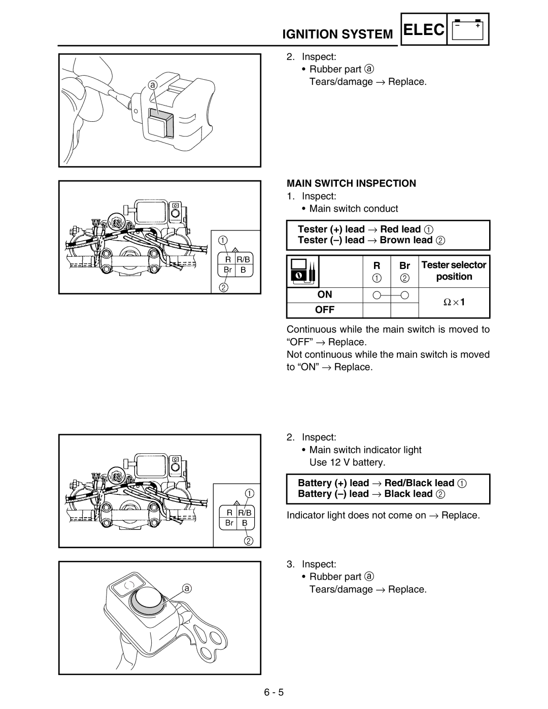 Yamaha WR250FM service manual Main Switch Inspection, Tester + lead → Red lead Tester lead → Brown lead 