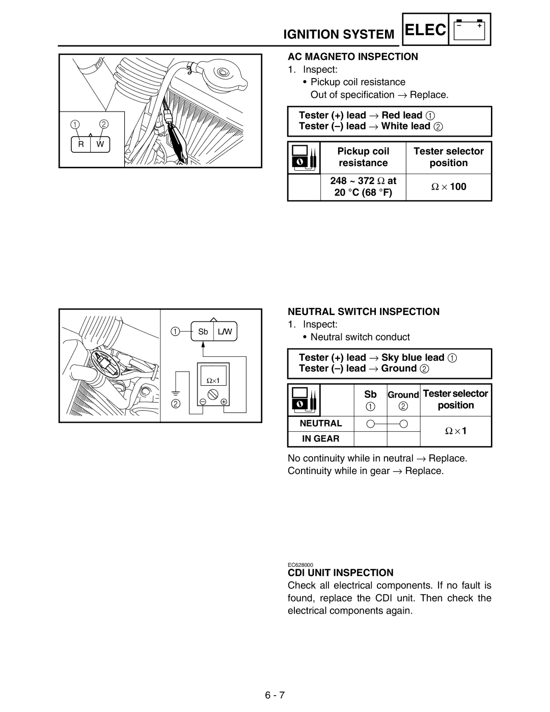 Yamaha WR250FM AC Magneto Inspection, Resistance Position 248 ~ 372 Ω at 20 C 68 F, Neutral Switch Inspection 