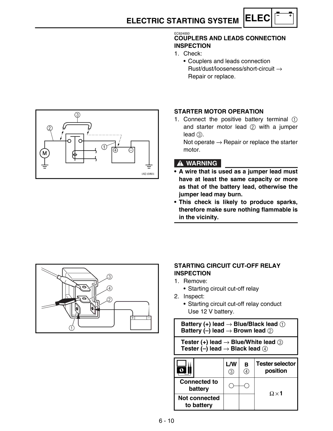 Yamaha WR250FM service manual Couplers and Leads Connection Inspection, Starter Motor Operation, Battery, To battery 