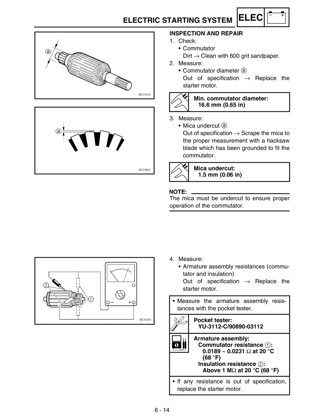 Yamaha WR250FM service manual Inspection and Repair, Min. commutator diameter 16.6 mm 0.65, Mica undercut 1.5 mm 0.06 