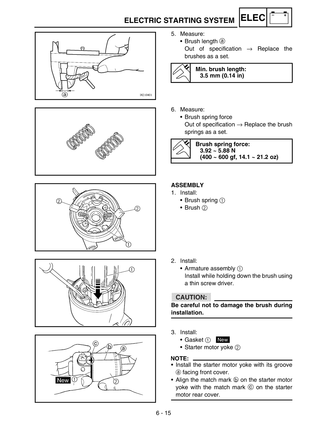 Yamaha WR250FM service manual Min. brush length Mm 0.14, Assembly, Be careful not to damage the brush during installation 