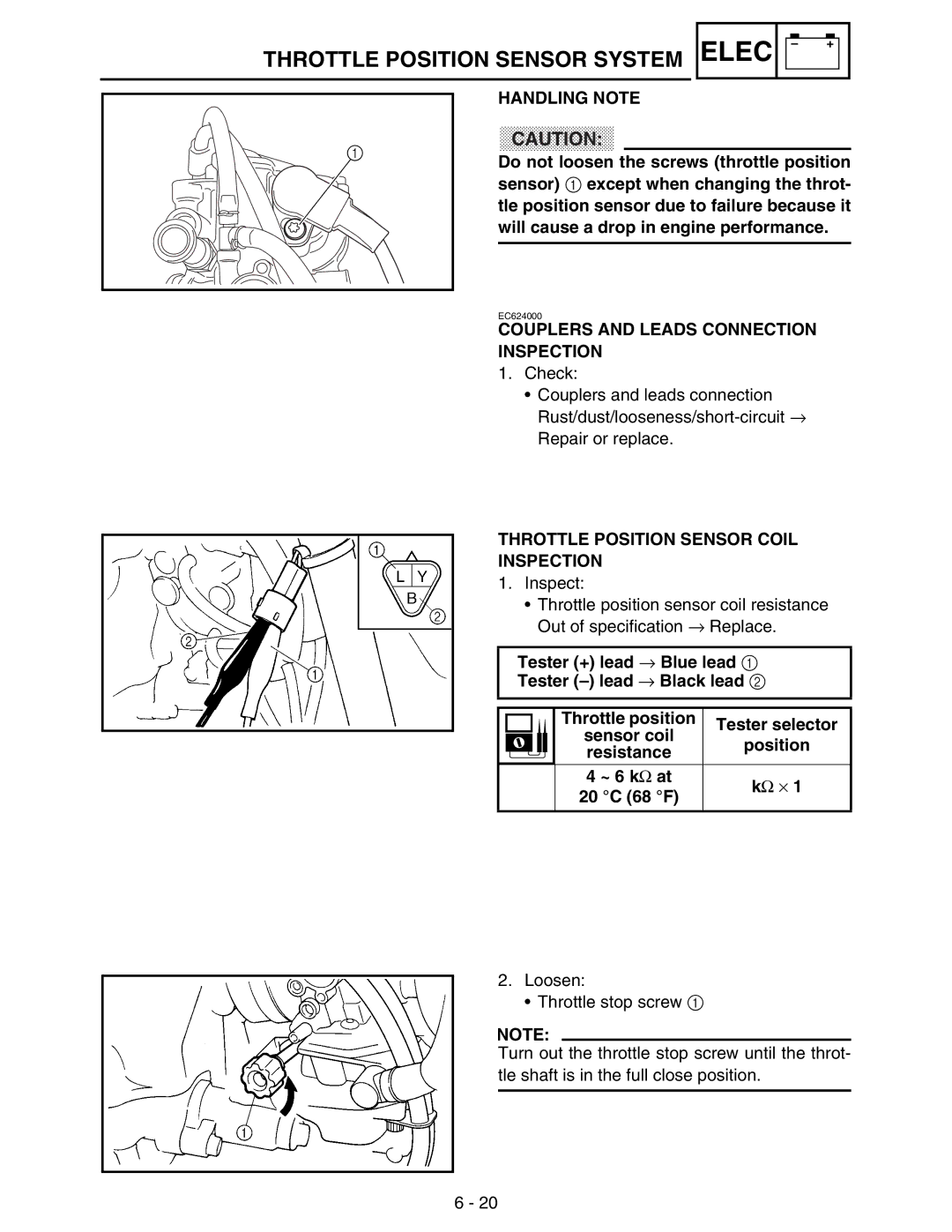 Yamaha WR250FM service manual Throttle Position Sensor System Elec +, Throttle Position Sensor Coil Inspection, ~ 6 kΩ at 