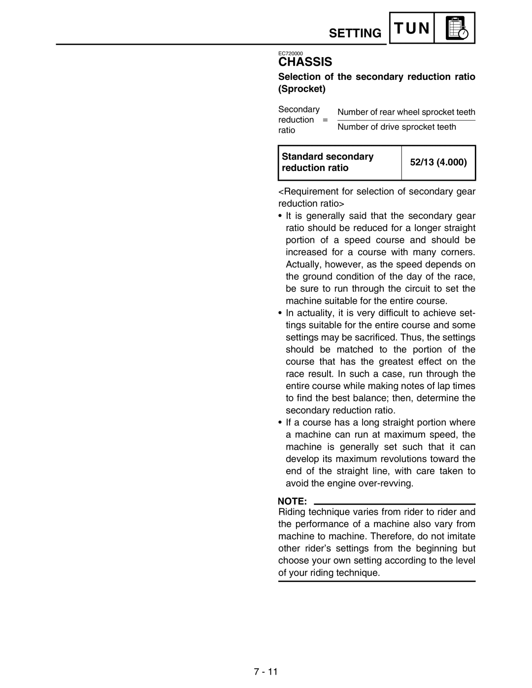 Yamaha WR250FM service manual Selection of the secondary reduction ratio Sprocket, Standard secondary reduction ratio 52/13 