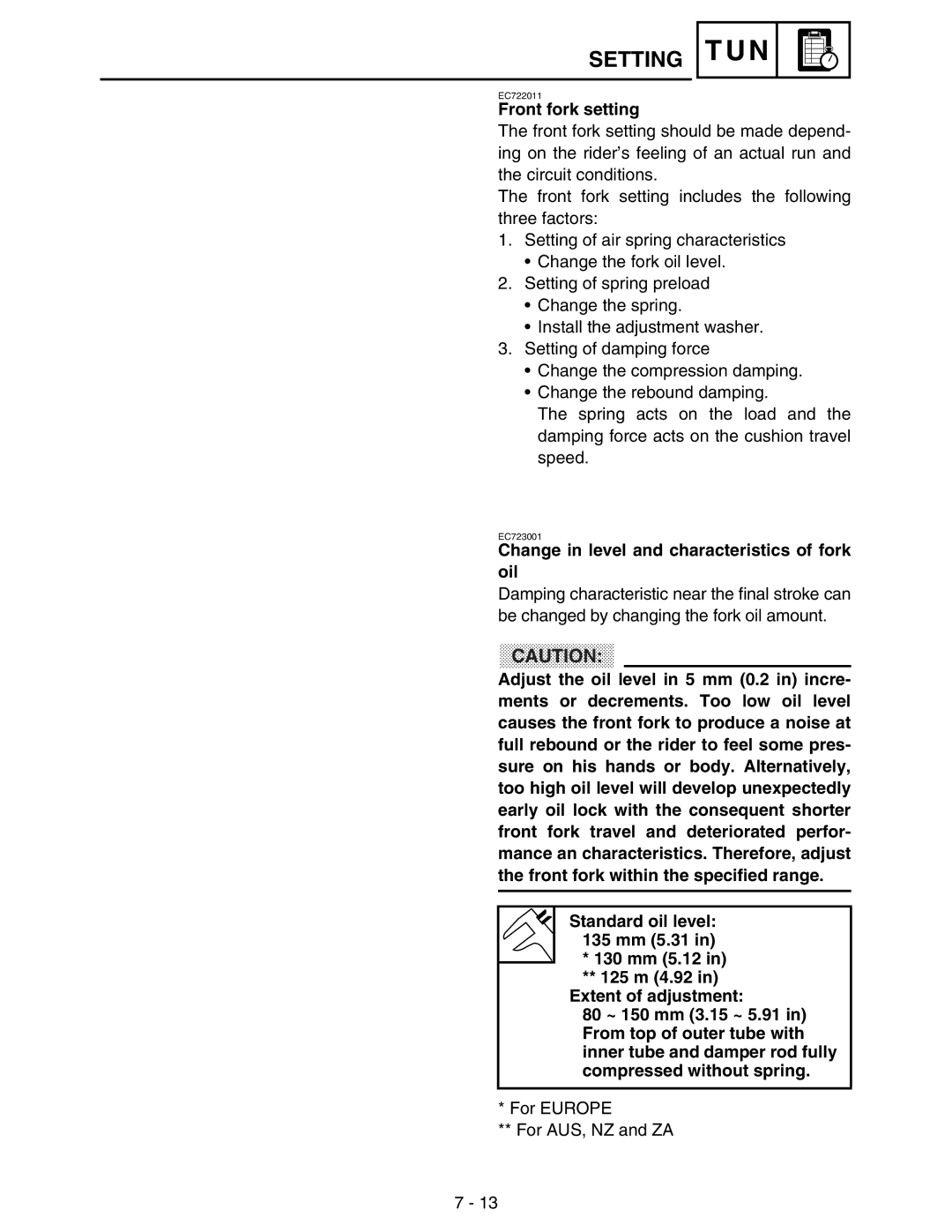 Yamaha WR250FM service manual Front fork setting, Change in level and characteristics of fork oil 