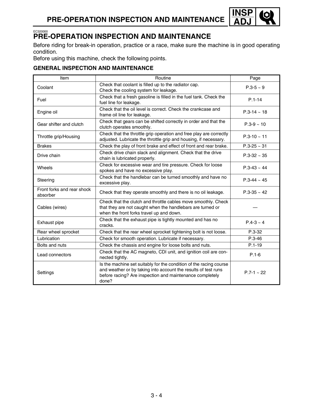 Yamaha WR250FM service manual PRE-OPERATION Inspection and Maintenance, General Inspection and Maintenance 