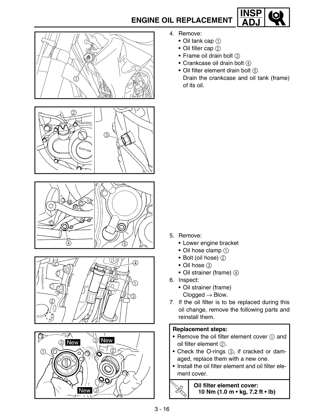 Yamaha WR250FM service manual Replacement steps, Oil filter element cover 10 Nm 1.0 m kg, 7.2 ft lb 