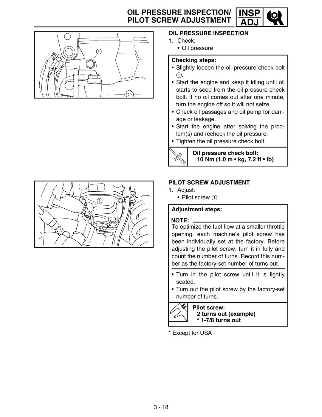 Yamaha WR250FM service manual OIL Pressure Inspection, Pilot Screw Adjustment 