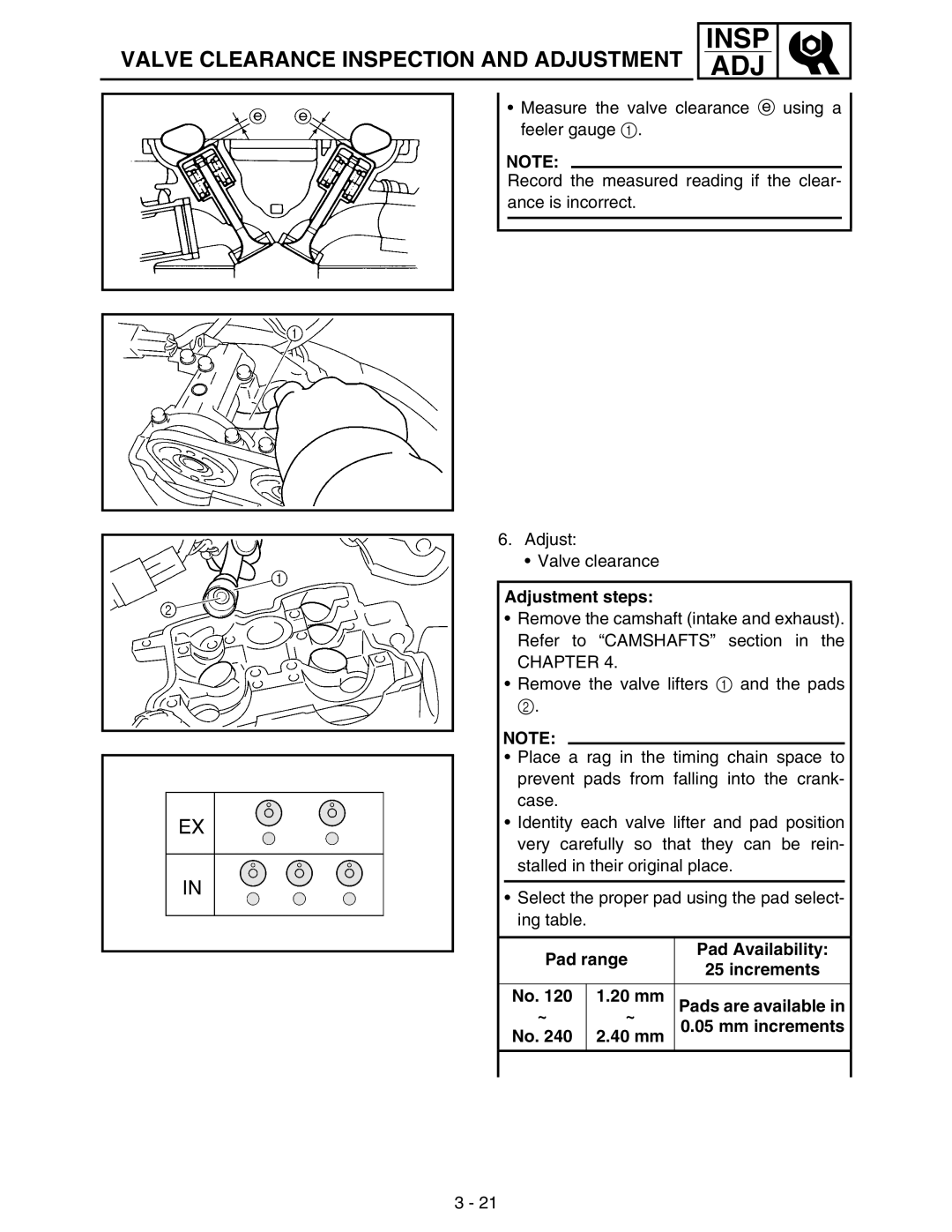 Yamaha WR250FM service manual Pad range Pad Availability Increments 20 mm, Mm increments, 40 mm 