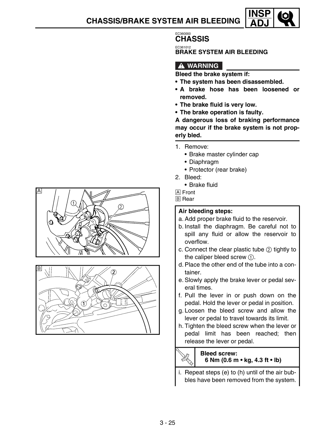 Yamaha WR250FM service manual CHASSIS/BRAKE System AIR Bleeding, Chassis, Brake System AIR Bleeding 