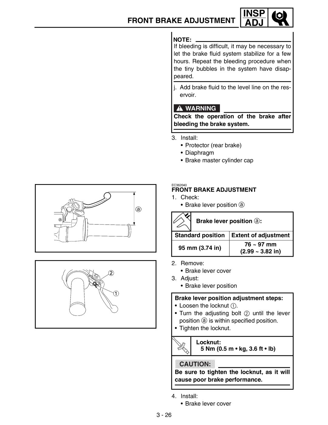 Yamaha WR250FM service manual Front Brake Adjustment, Brake lever position adjustment steps 