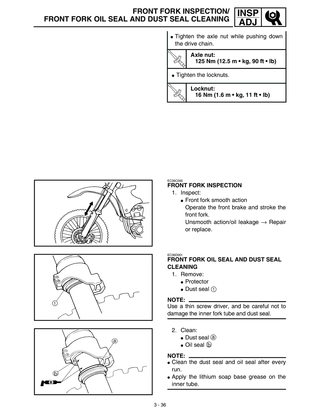 Yamaha WR45OFR service manual Axle nut 125 Nm 12.5 m kg, 90 ft lb, Locknut 16 Nm 1.6 m kg, 11 ft lb, Front Fork Inspection 