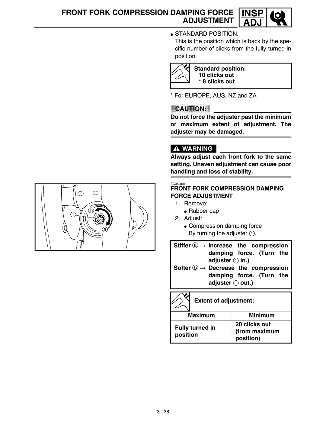 Yamaha WR45OFR service manual Standard position 10 clicks out Clicks out, Front Fork Compression Damping Force Adjustment 