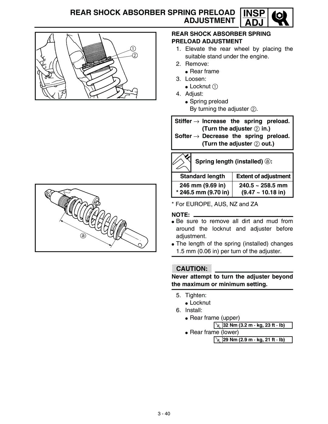 Yamaha WR45OFR service manual Rear Shock Absorber Spring Preload Adjustment, 246 mm 9.69 240.5 ~ 258.5 mm, 47 ~ 10.18 