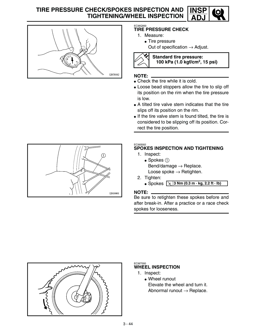 Yamaha WR45OFR Tire Pressure Check, Standard tire pressure KPa 1.0 kgf/cm2, 15 psi, Spokes Inspection and Tightening 