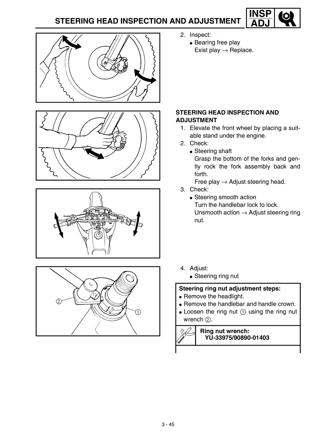 Yamaha WR45OFR service manual Steering Head Inspection and Adjustment, Steering Head Inspection Adjustment 