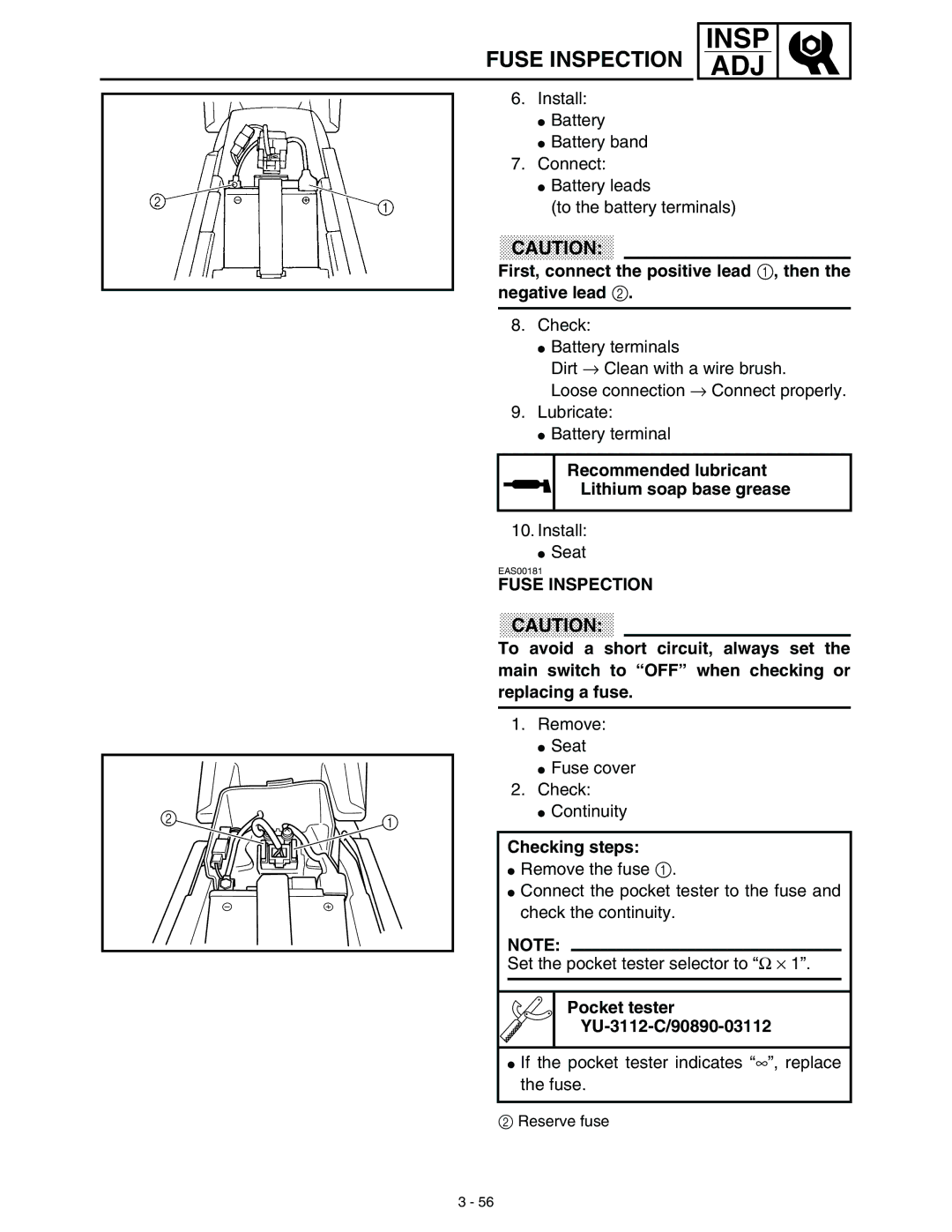 Yamaha WR45OFR service manual Fuse Inspection, First, connect the positive lead 1, then the negative lead 