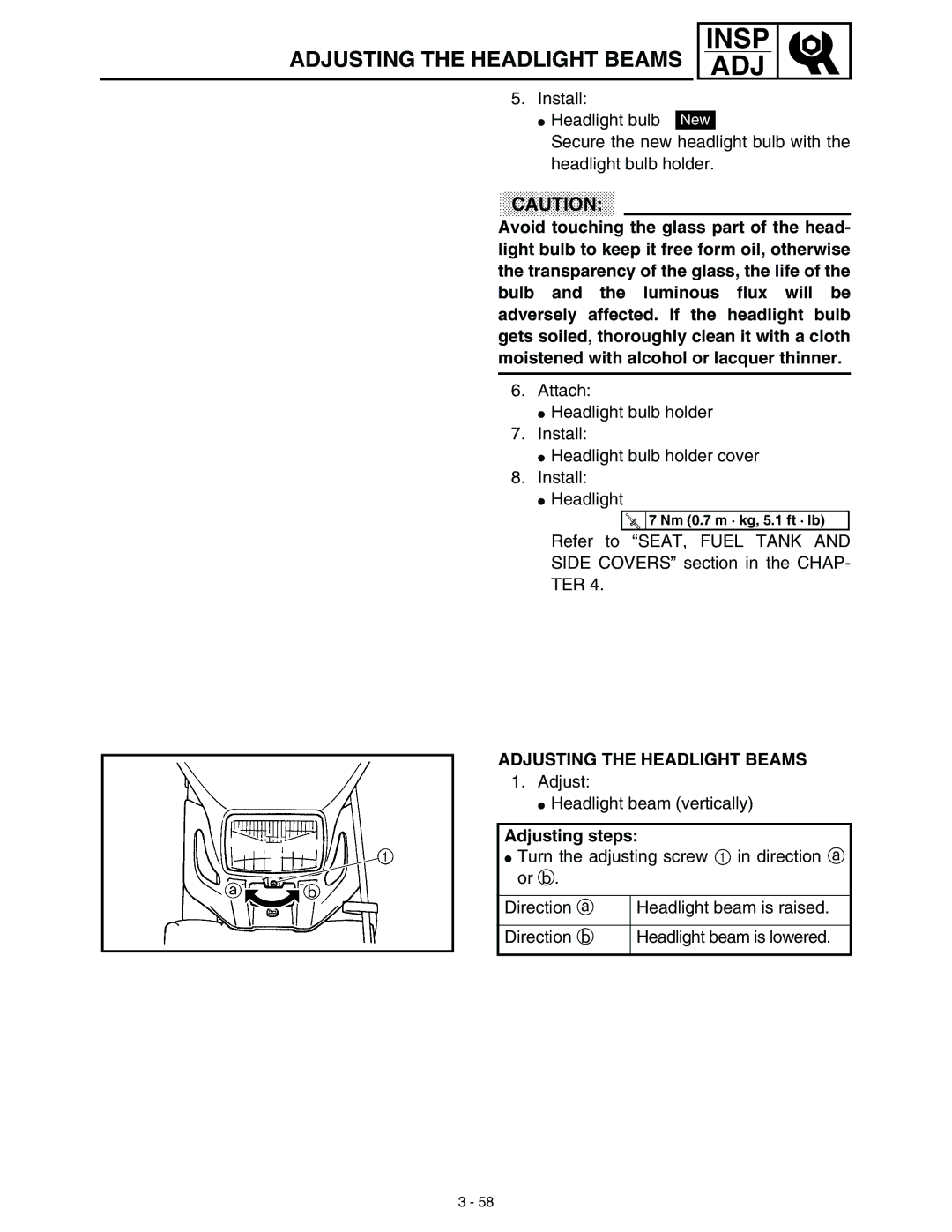 Yamaha WR45OFR service manual Adjusting the Headlight Beams 