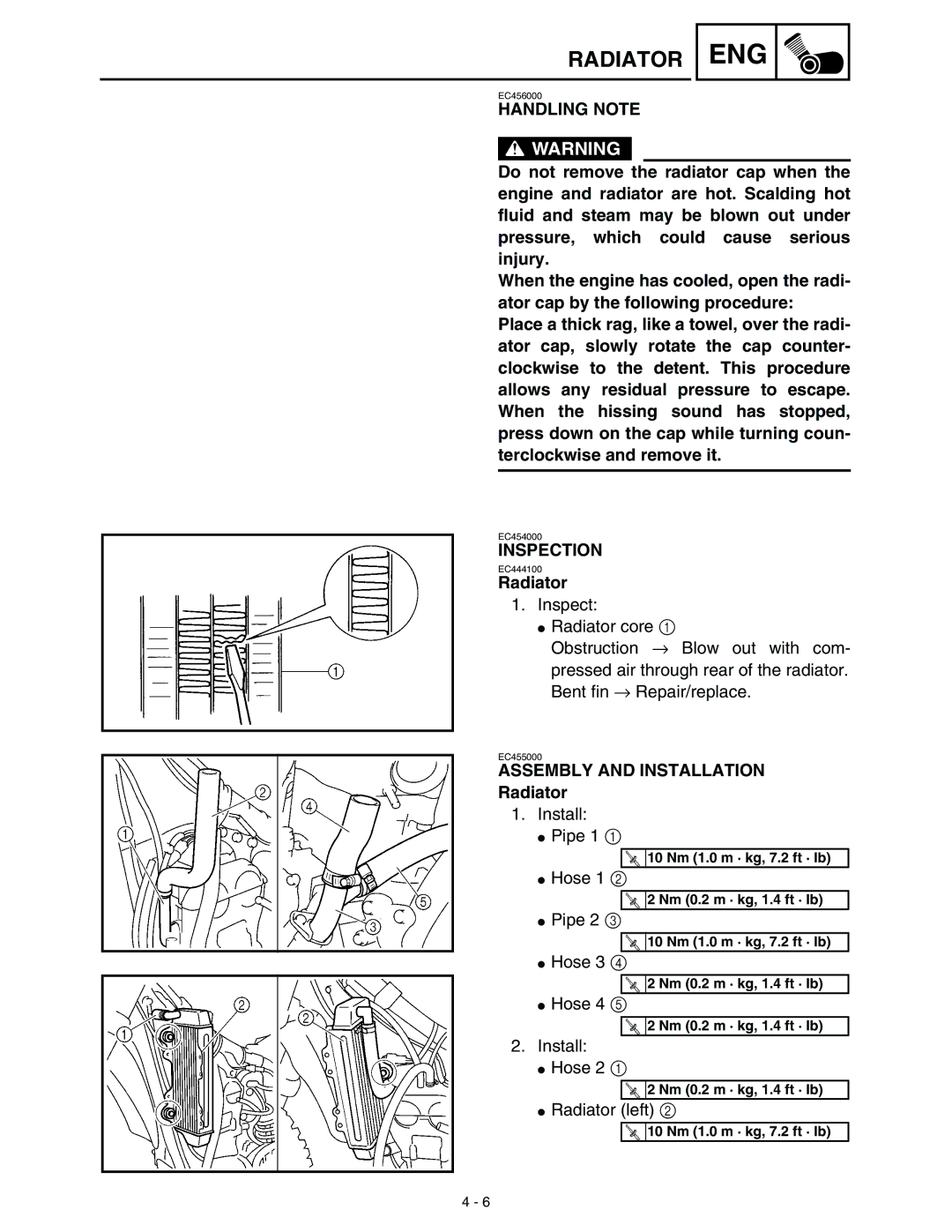 Yamaha WR45OFR service manual Handling Note, Assembly and Installation Radiator 