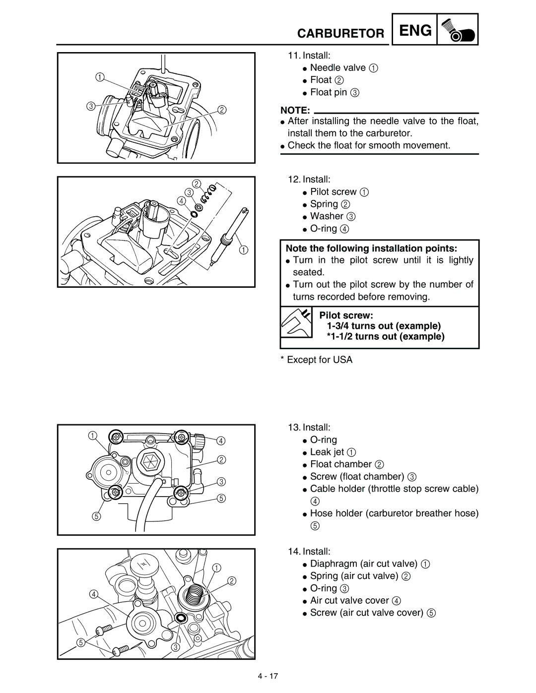 Yamaha WR45OFR service manual Pilot screw 4 turns out example 2 turns out example 