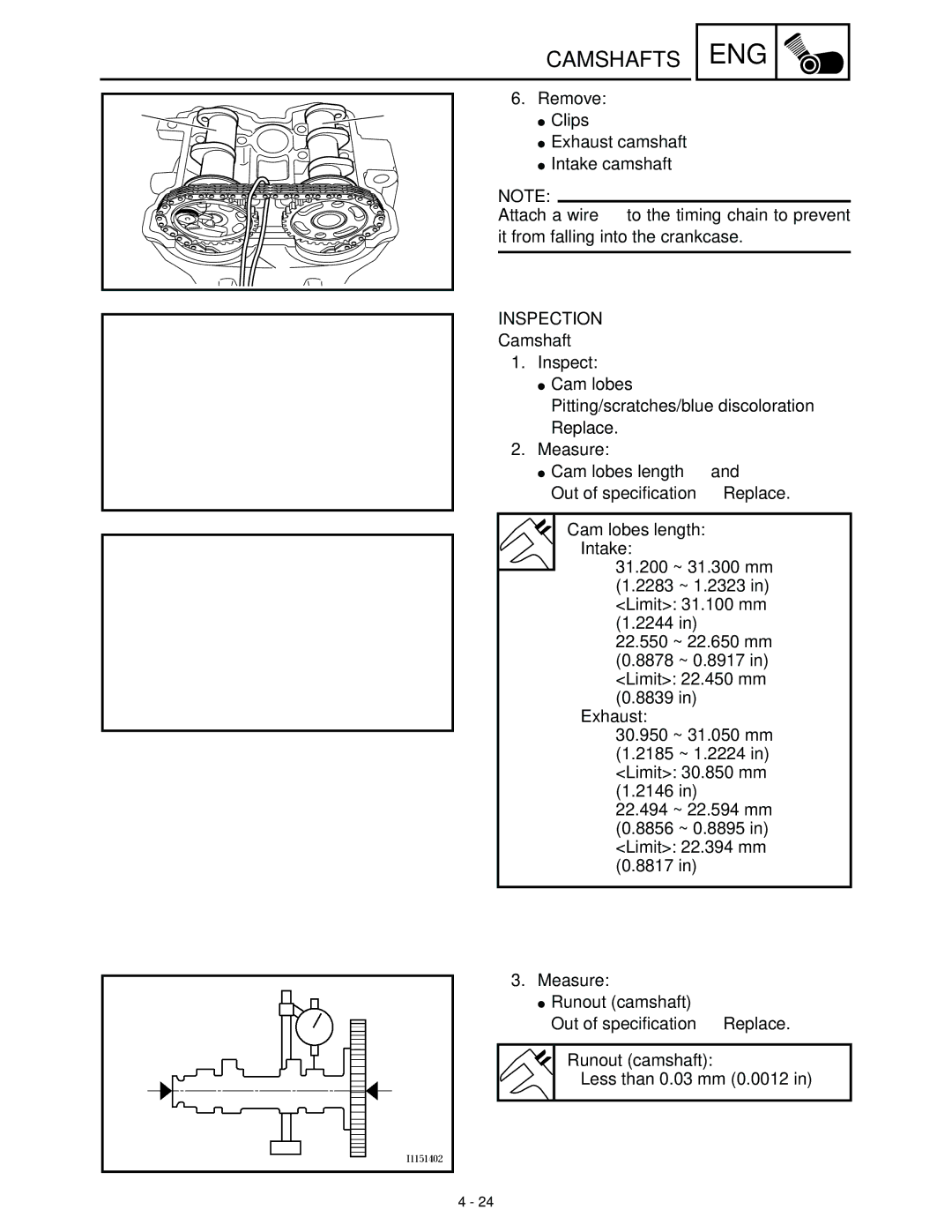 Yamaha WR45OFR service manual Inspection, Runout camshaft Less than 0.03 mm 0.0012 