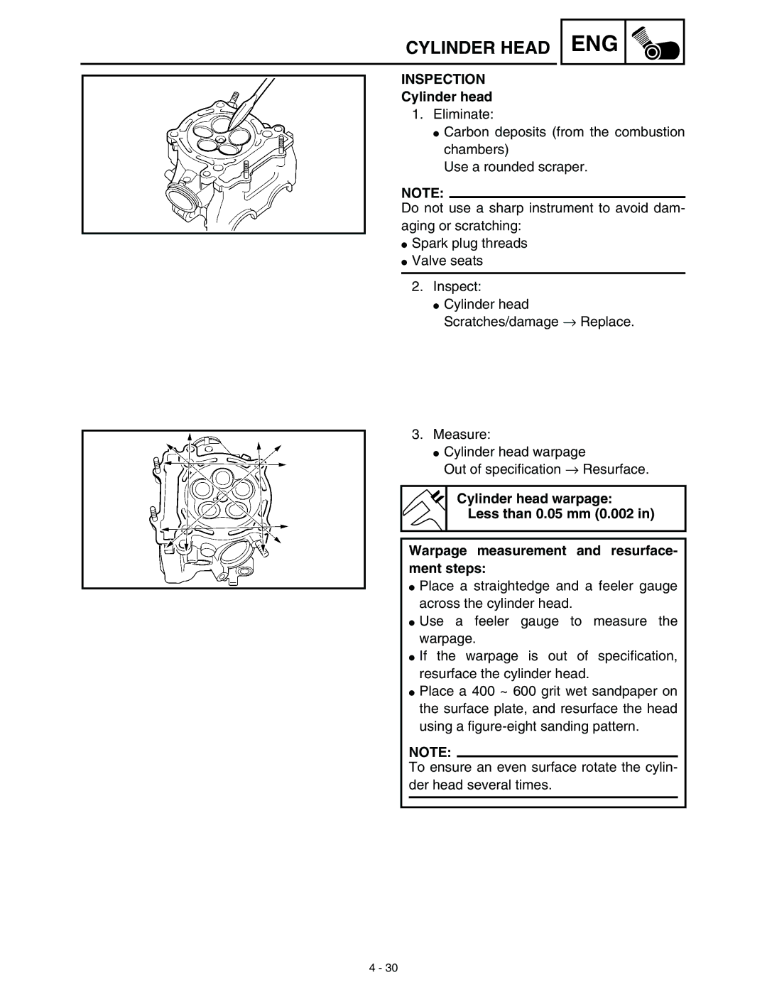 Yamaha WR45OFR service manual Inspection, Cylinder head 