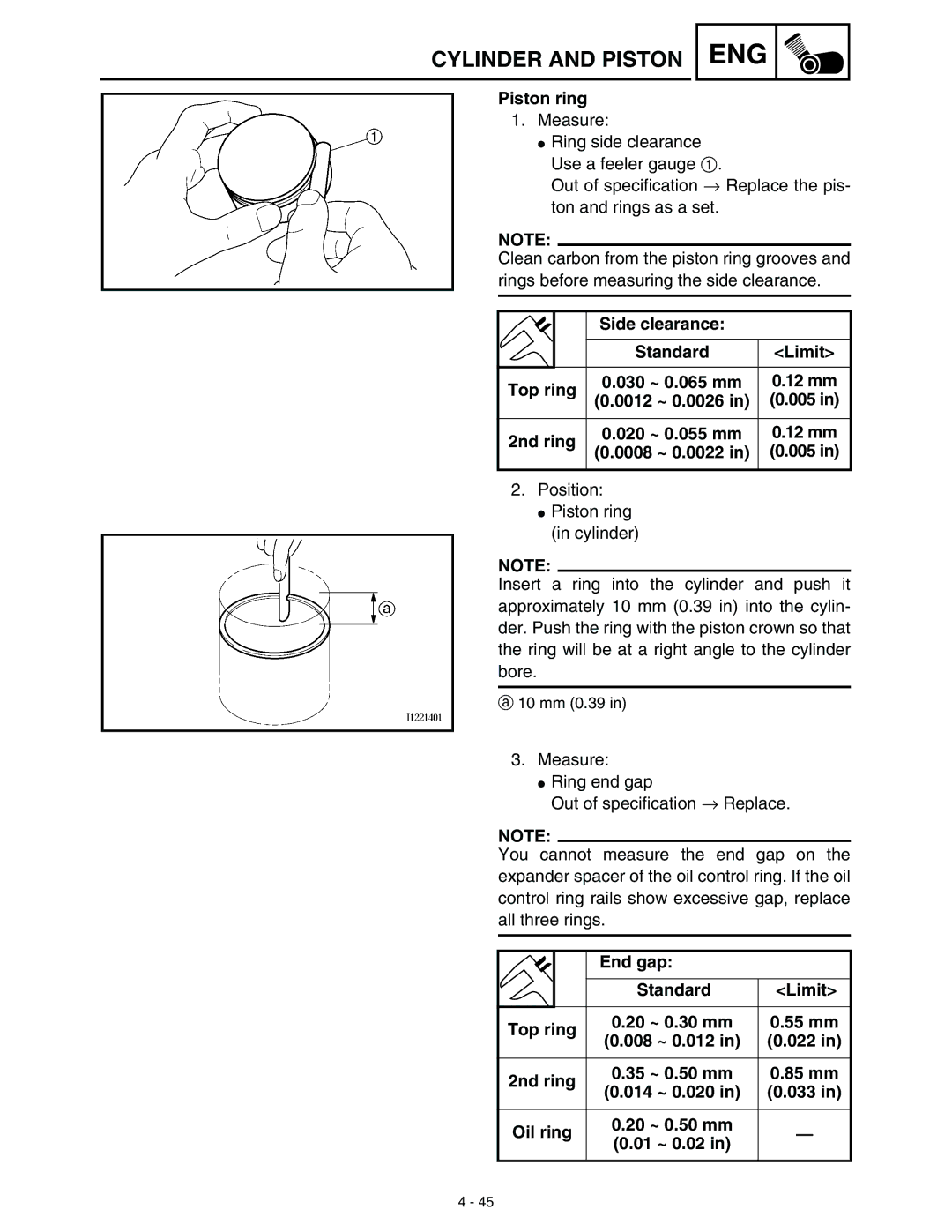 Yamaha WR45OFR service manual 2nd ring 020 ~ 0.055 mm 12 mm 0008 ~ 0.0022, End gap Standard Limit, 20 ~ 0.50 mm 01 ~ 0.02 