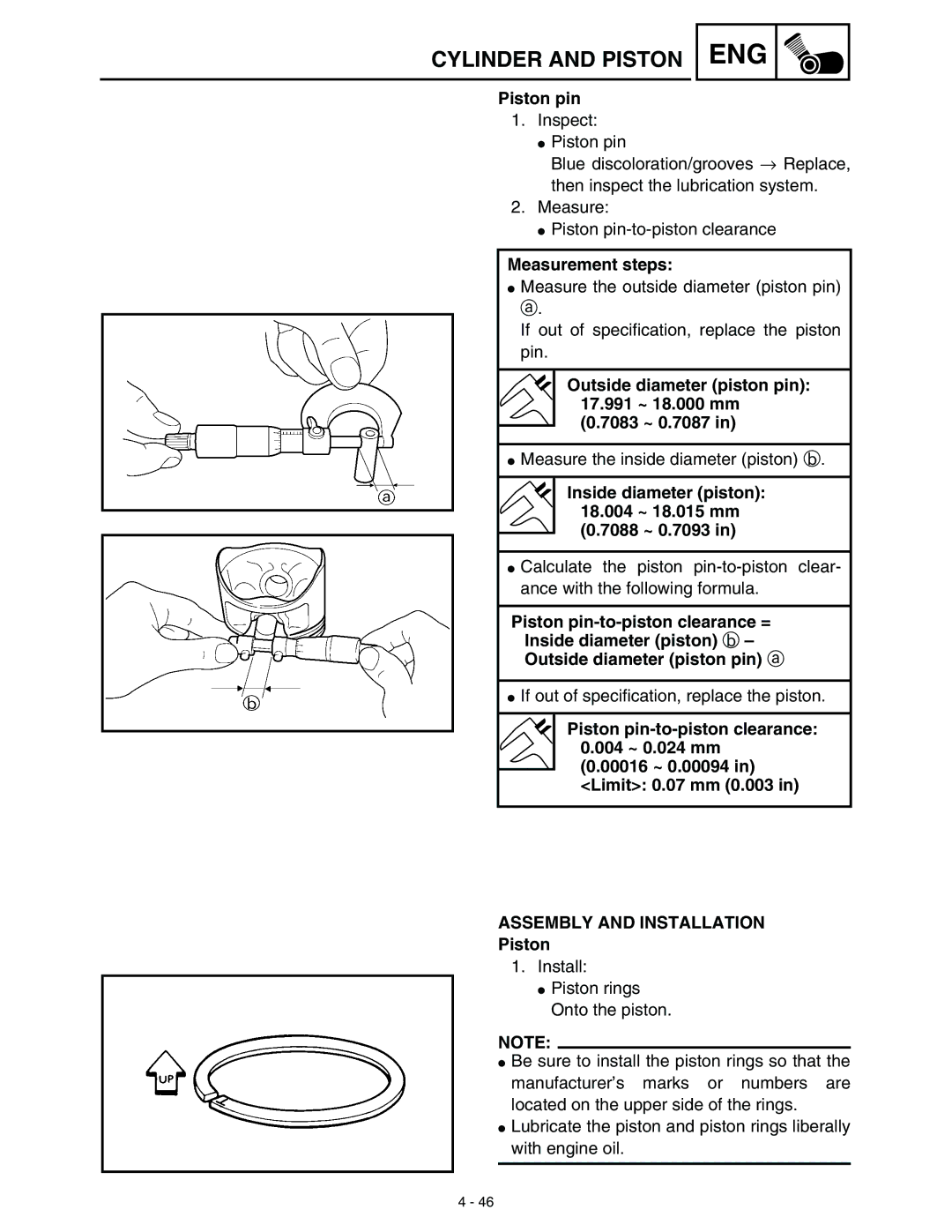 Yamaha WR45OFR service manual Piston pin, Inside diameter piston 18.004 ~ 18.015 mm 0.7088 ~ 0.7093 