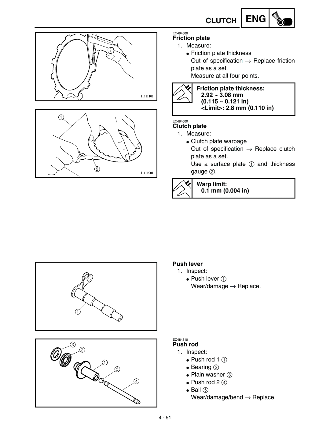 Yamaha WR45OFR service manual Friction plate, Clutch plate, Warp limit Mm 0.004 Push lever, Push rod 