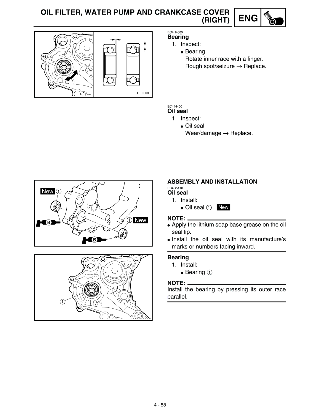 Yamaha WR45OFR service manual Bearing, Assembly and Installation 