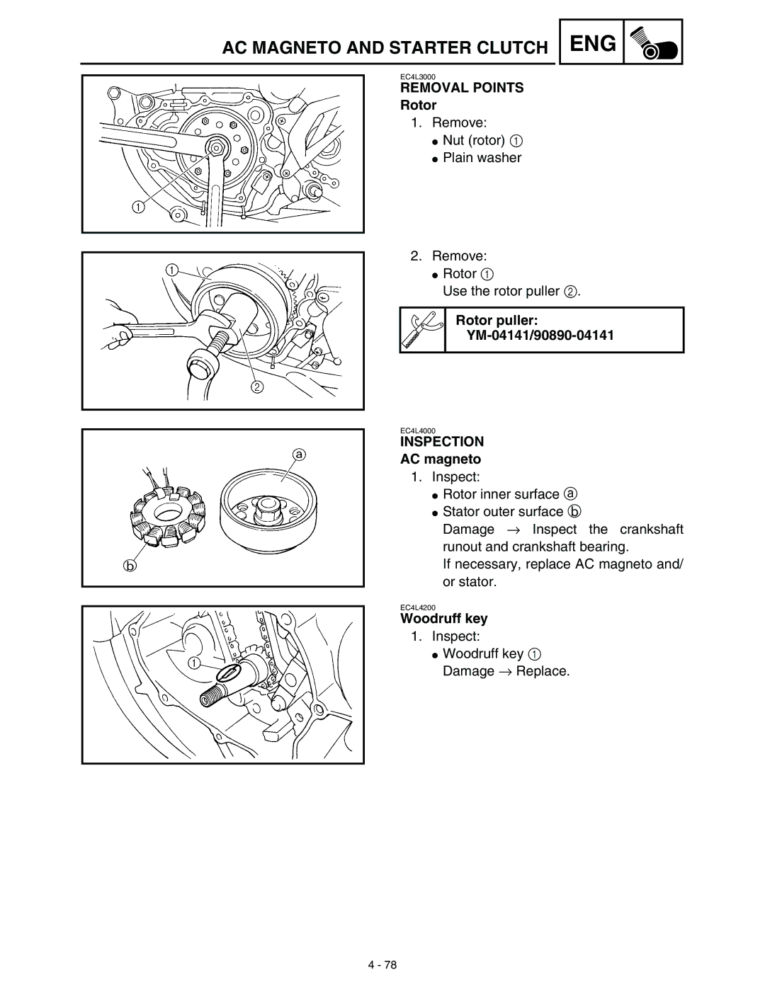 Yamaha WR45OFR service manual Rotor puller YM-04141/90890-04141, AC magneto, Woodruff key 