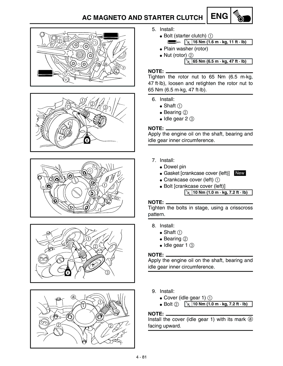 Yamaha WR45OFR service manual Install Bolt starter clutch 