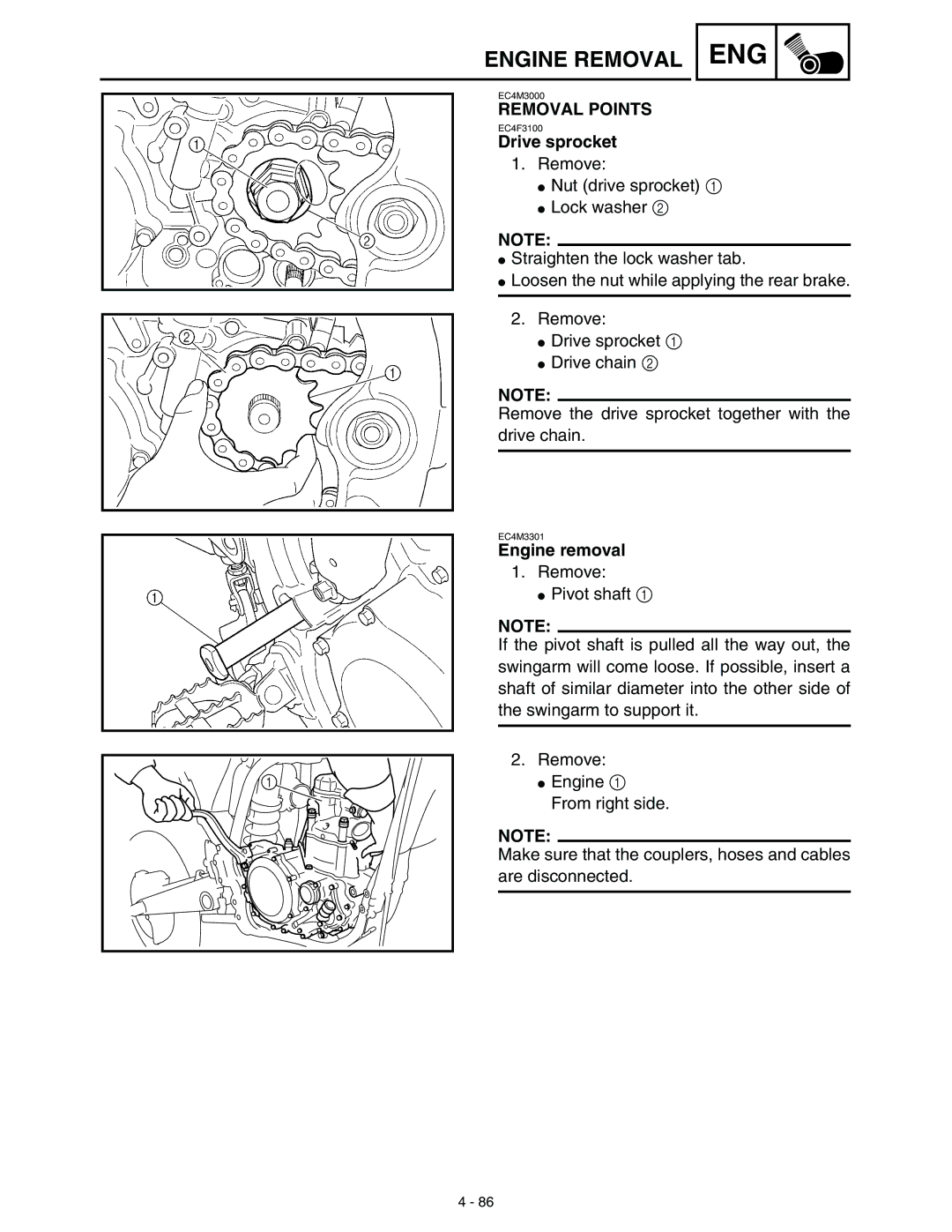 Yamaha WR45OFR service manual Drive sprocket, Engine removal 