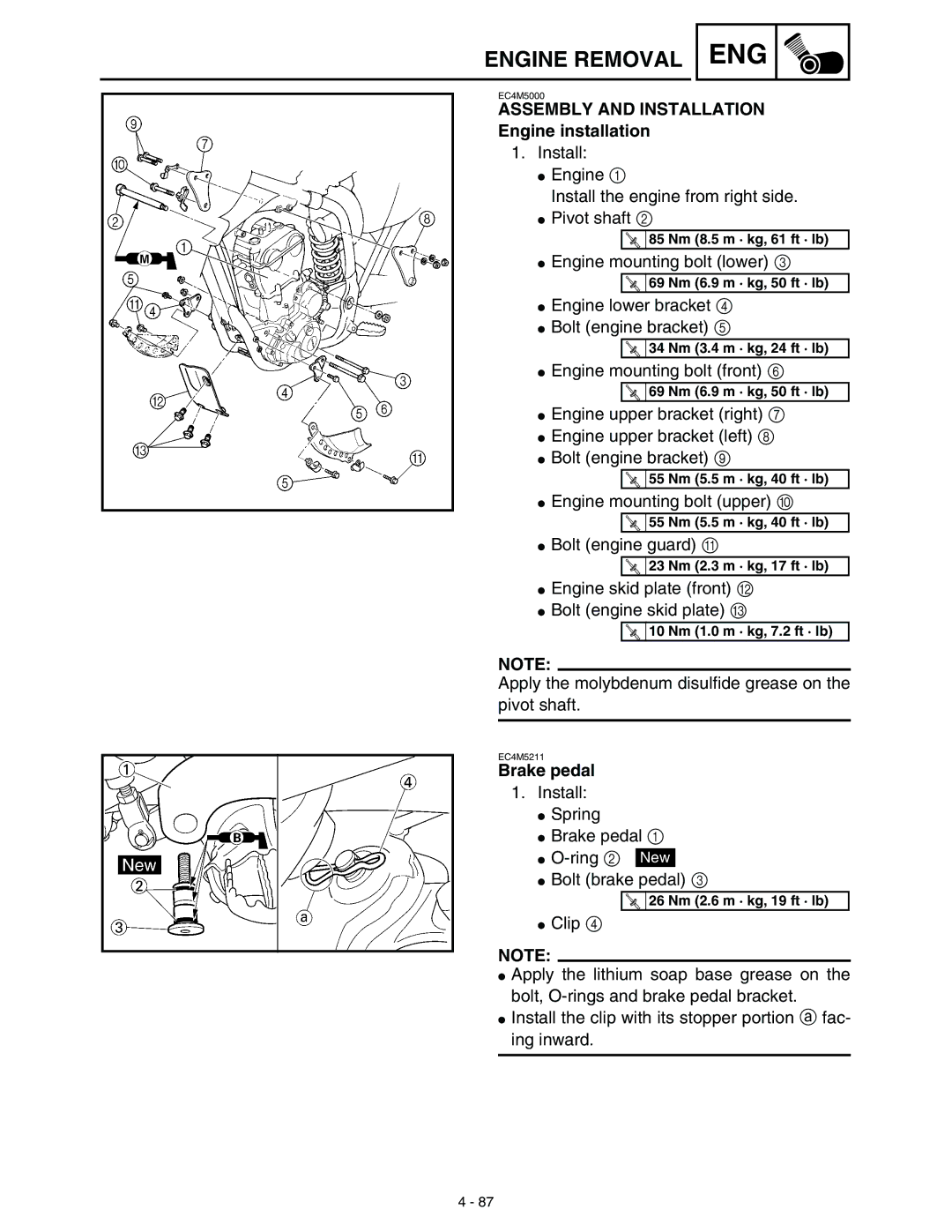 Yamaha WR45OFR service manual Assembly and Installation Engine installation, Brake pedal 